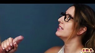 CFNM amateur chick with glasses sucking and tugging cock