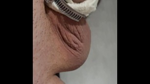 Close up of limp banded cock masturbation until cum or orgasm contractions, tight banding with hose clamp